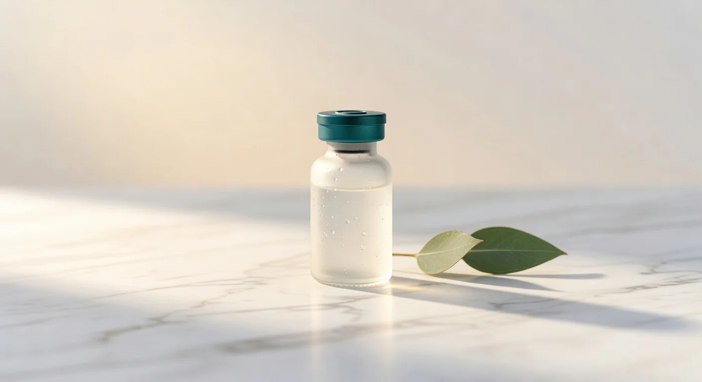 Vial de semaglutida compuesta con tapa teal sobre superficie de mármol, con luz natural cálida