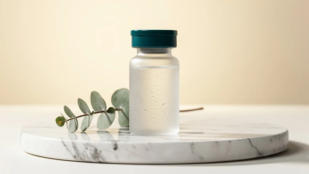 Vial de tirzepatida compuesta sobre pedestal de mármol blanco con eucalipto y gotas de condensación