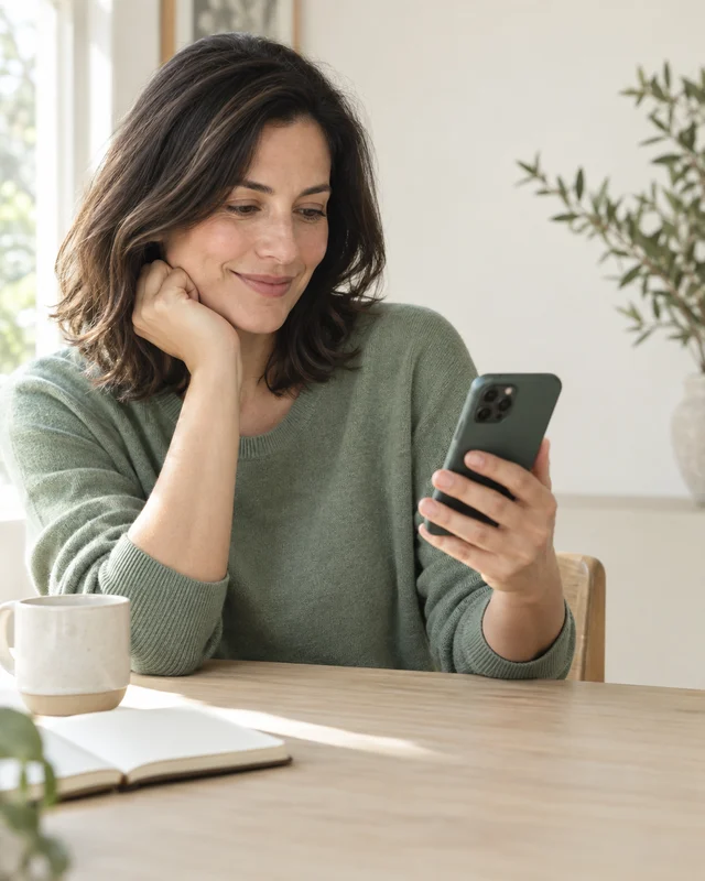 Illustrative woman connecting with care support on her phone
