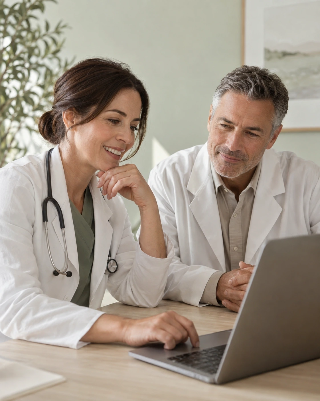 Ilustración de dos profesionales de salud revisando una computadora juntos