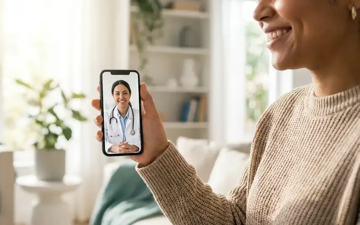 Patient on a video consult with a licensed clinician from her phone at home